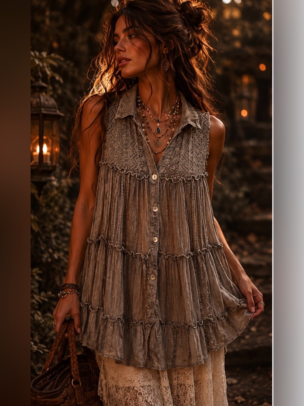 Young Threads 🌺 Boho Patchwork Tunic Top Gray Lace Tiered Sleeveless Medium